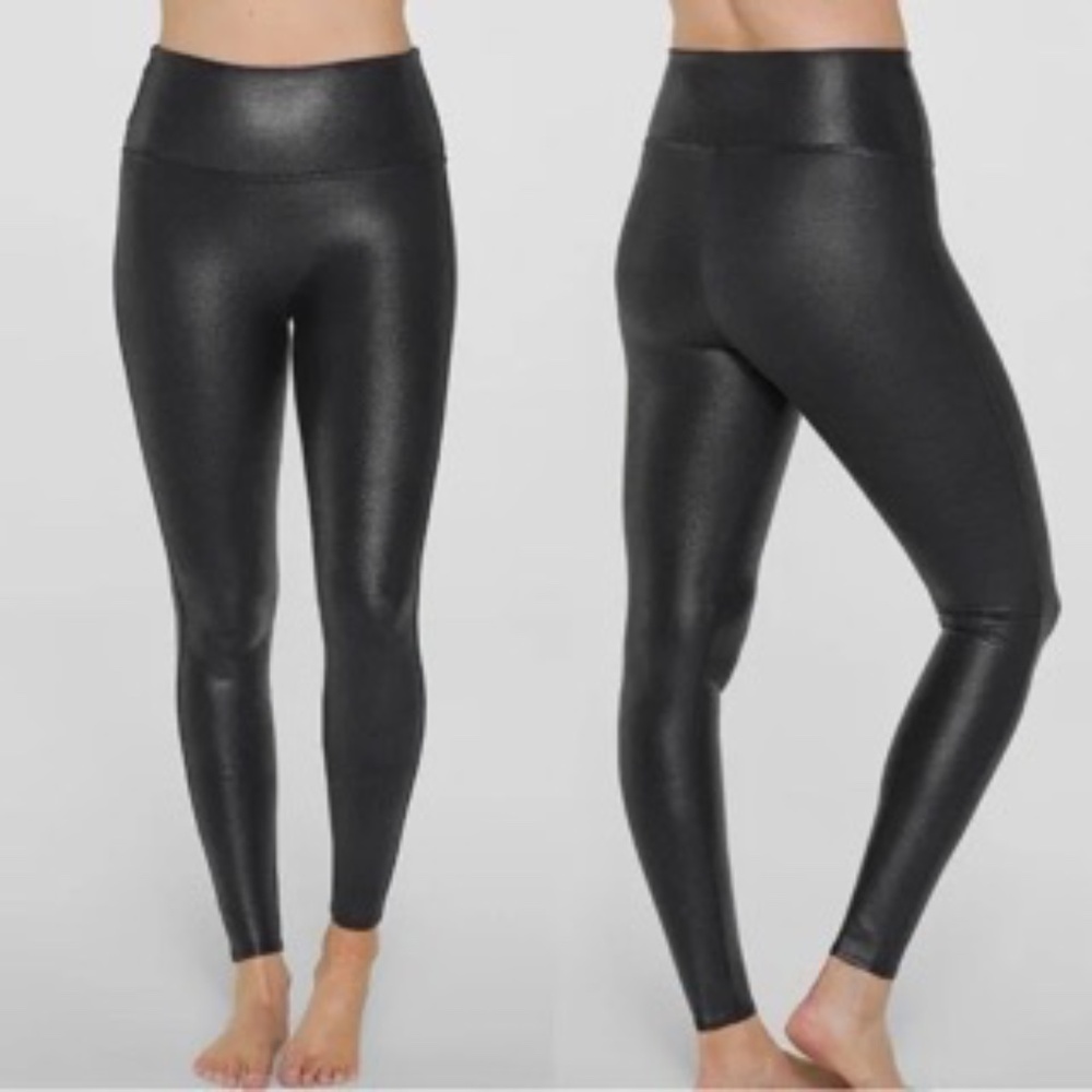 Spanx Faux Leather Pebbled Leggings Womens Large Black Pull On Stretch Yoga GYM